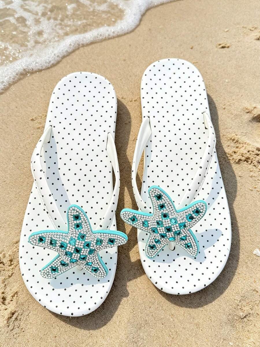 Large Capacity Polka Dot Women's Tote Bag Set, Wavy Bow Large Brim Straw Hat, Summer Sun Protection, Bohemian Style Woven Flower Earrings, Polka Dot Thick Sole Anti-Slip Flip Flops, Sparkling Starfish