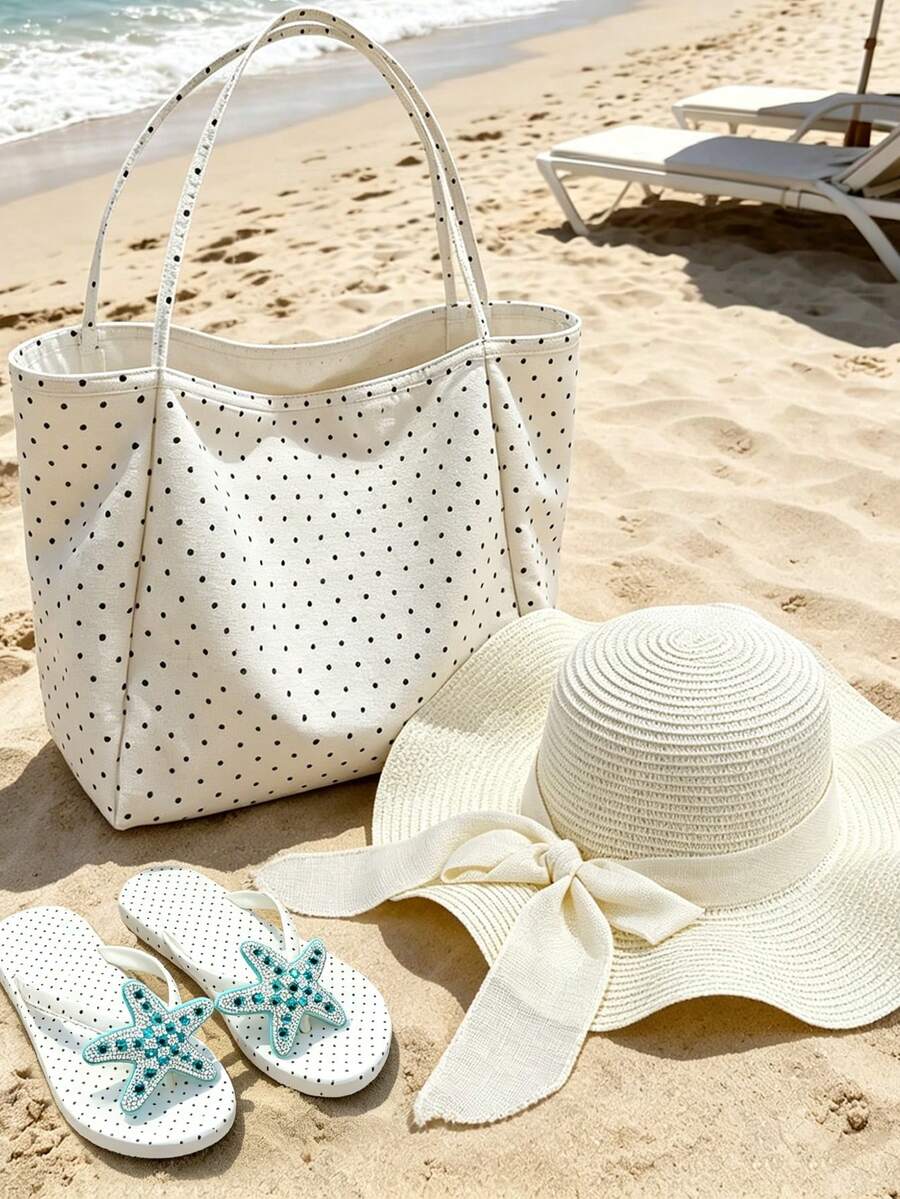Large Capacity Polka Dot Women's Tote Bag Set, Wavy Bow Large Brim Straw Hat, Summer Sun Protection, Bohemian Style Woven Flower Earrings, Polka Dot Thick Sole Anti-Slip Flip Flops, Sparkling Starfish