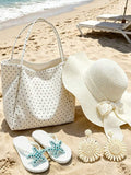 Large Capacity Polka Dot Women's Tote Bag Set, Wavy Bow Large Brim Straw Hat