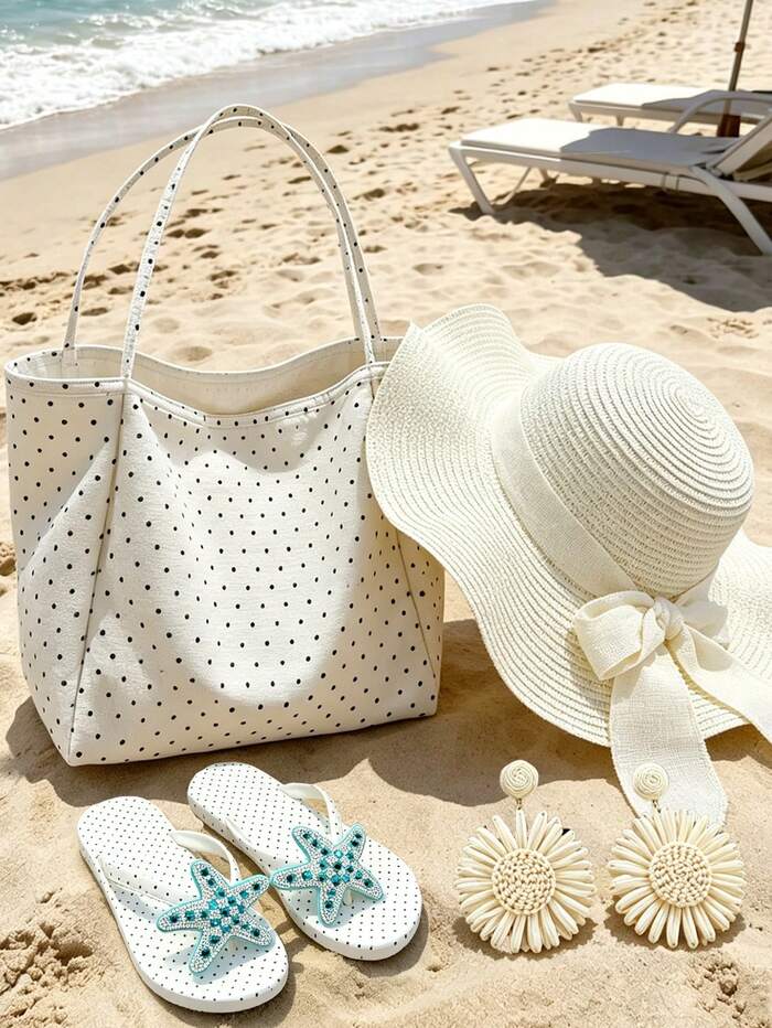 Large Capacity Polka Dot Women's Tote Bag Set, Wavy Bow Large Brim Straw Hat