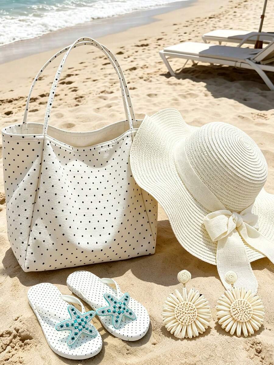 Large Capacity Polka Dot Women's Tote Bag Set, Wavy Bow Large Brim Straw Hat, Summer Sun Protection, Bohemian Style Woven Flower Earrings, Polka Dot Thick Sole Anti-Slip Flip Flops, Sparkling Starfish