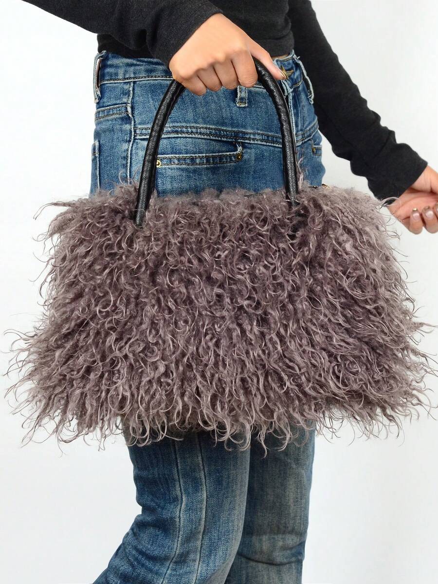 Women's Faux Fur Fluffy Handbag, Curly Fuzzy Tote Bag With Leather Handle, Soft Plush Top Handle Purse For Fall & Winter Daily Use Women's Wallet