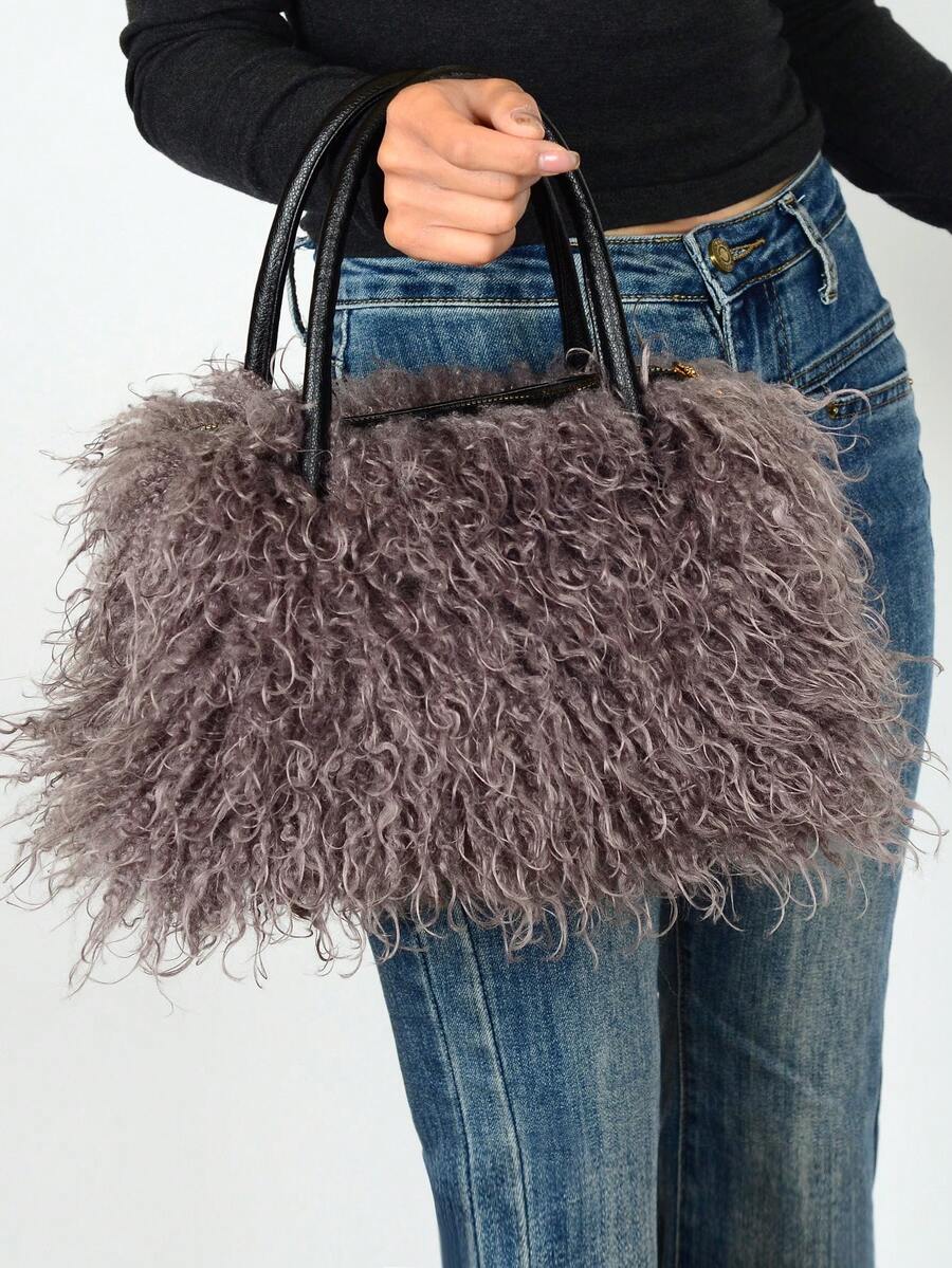Women's Faux Fur Fluffy Handbag, Curly Fuzzy Tote Bag With Leather Handle, Soft Plush Top Handle Purse For Fall & Winter Daily Use Women's Wallet
