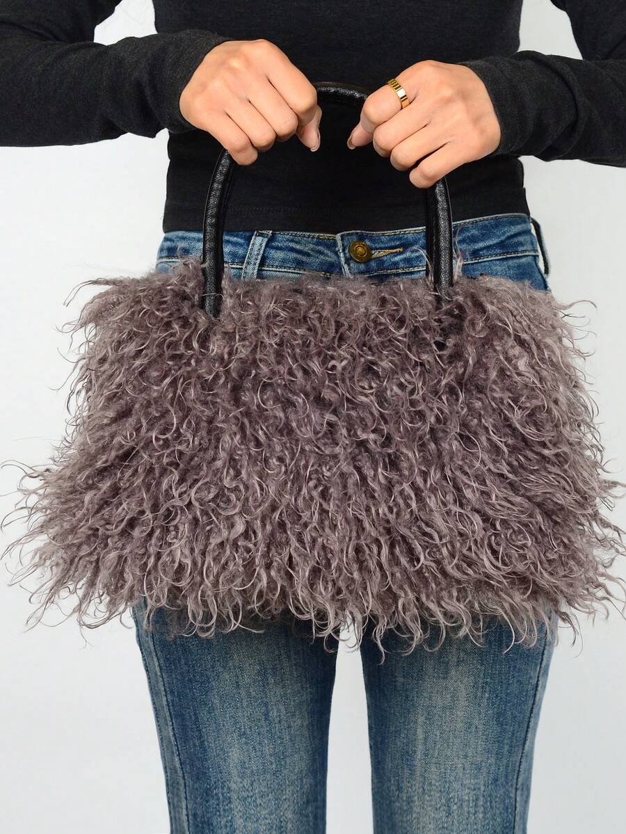 Women's Faux Fur Fluffy Handbag, Curly Fuzzy Tote Bag With Leather Handle, Soft Plush Top Handle Purse For Fall & Winter Daily Use Women's Wallet