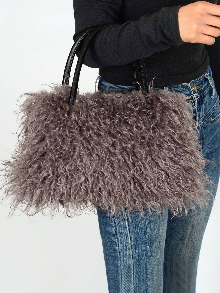 Women's Faux Fur Fluffy Handbag, Curly Fuzzy Tote Bag With Leather Handle, Soft Plush Top Handle Purse For Fall & Winter Daily Use Women's Wallet