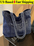 Vintage Distressed Denim Tote Bag For Women Casual Shoulder Bag Black Purse Spac