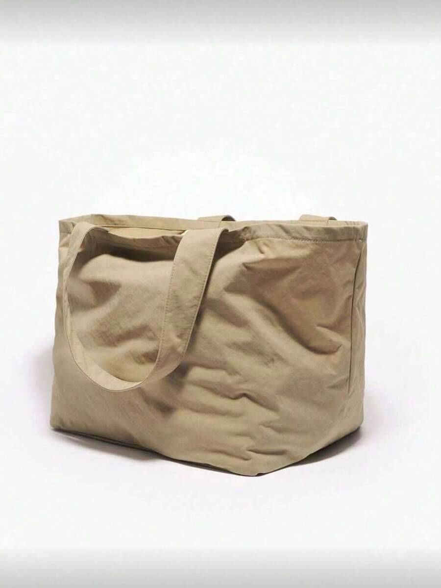 Fashionable Beige Nylon Tote Bag With Embroidered Design And Label, Casual Handbag, Large Capacity, Suitable For Beach And Fitness, Spring/Summer Essential, Ideal Choice For Beachgoers And Fitness Ent