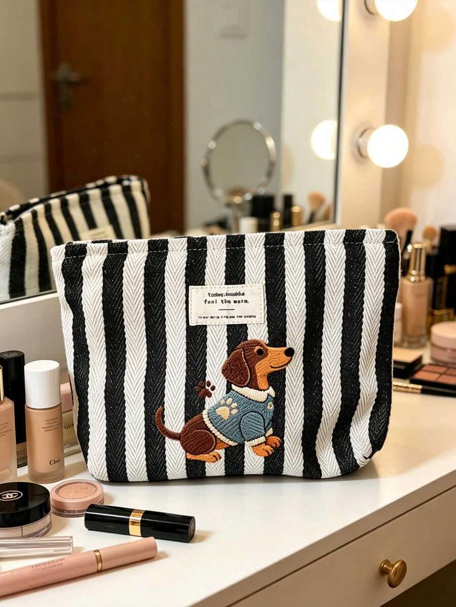 Black And White Striped Dachshund Handbag Set, Large Capacity Black And White Striped Beach Tote Bag, Foldable Canvas Shoulder Bag, Waterproof And Sand-Proof Travel Bag, Suitable For Summer Essentials