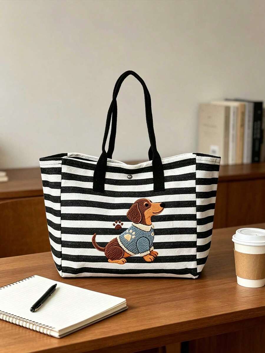 Black And White Striped Dachshund Handbag Set, Large Capacity Black And White Striped Beach Tote Bag, Foldable Canvas Shoulder Bag, Waterproof And Sand-Proof Travel Bag, Suitable For Summer Essentials