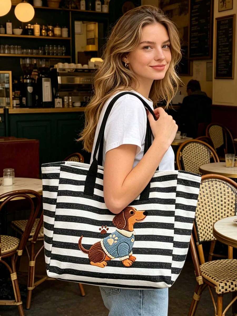 Black And White Striped Dachshund Handbag Set, Large Capacity Black And White Striped Beach Tote Bag, Foldable Canvas Shoulder Bag, Waterproof And Sand-Proof Travel Bag, Suitable For Summer Essentials