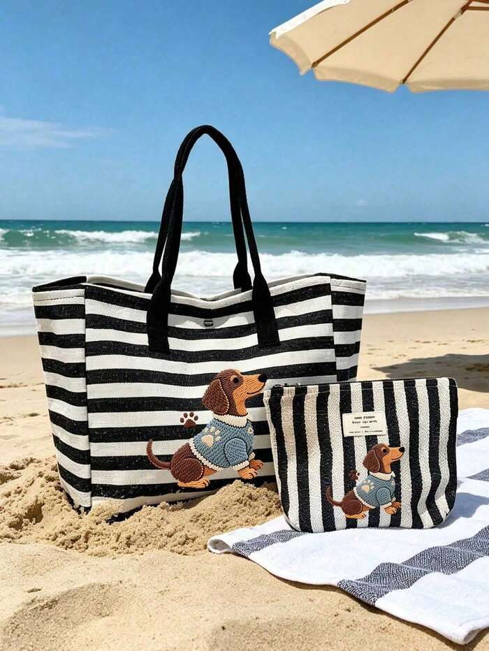 Black And White Striped Dachshund Handbag Set