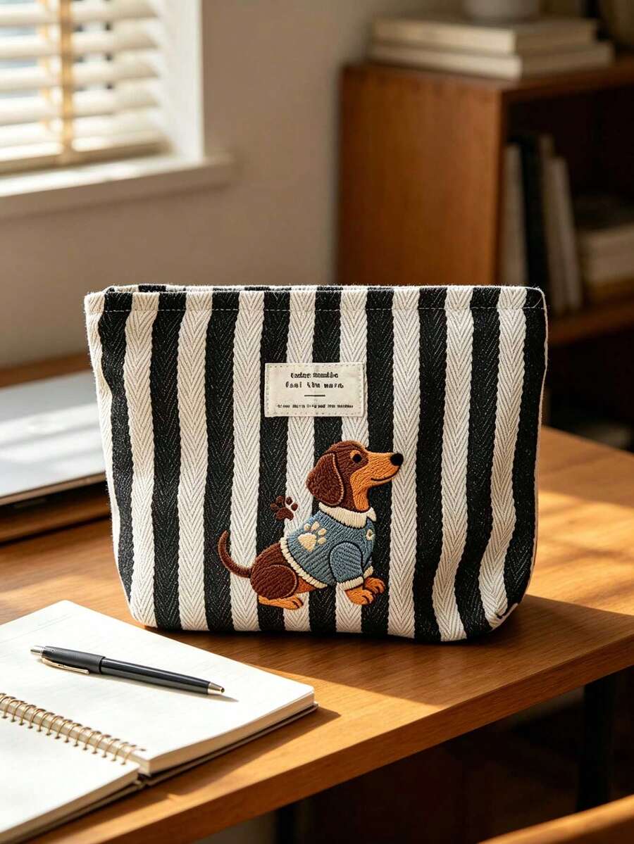 Black And White Striped Dachshund Handbag Set, Large Capacity Black And White Striped Beach Tote Bag, Foldable Canvas Shoulder Bag, Waterproof And Sand-Proof Travel Bag, Suitable For Summer Essentials