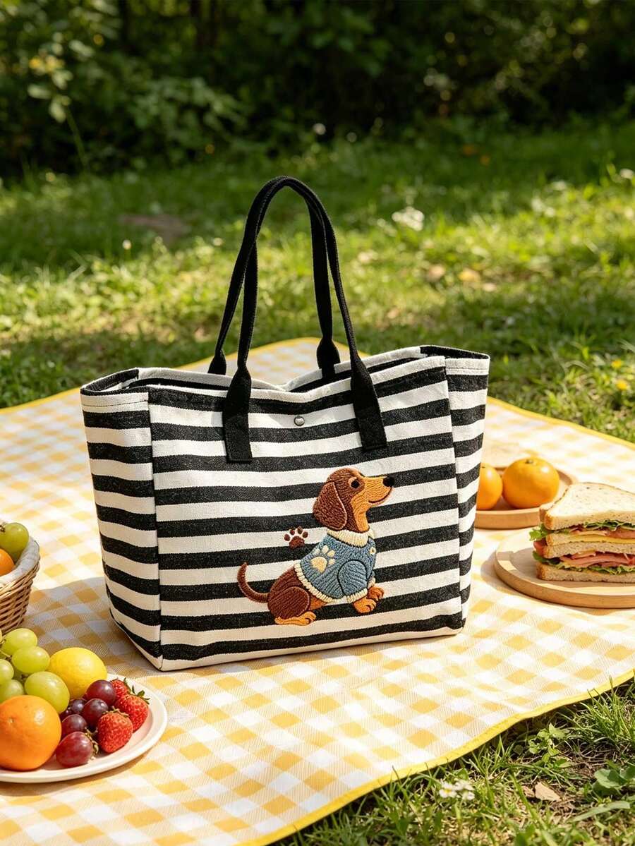 Black And White Striped Dachshund Handbag Set, Large Capacity Black And White Striped Beach Tote Bag, Foldable Canvas Shoulder Bag, Waterproof And Sand-Proof Travel Bag, Suitable For Summer Essentials