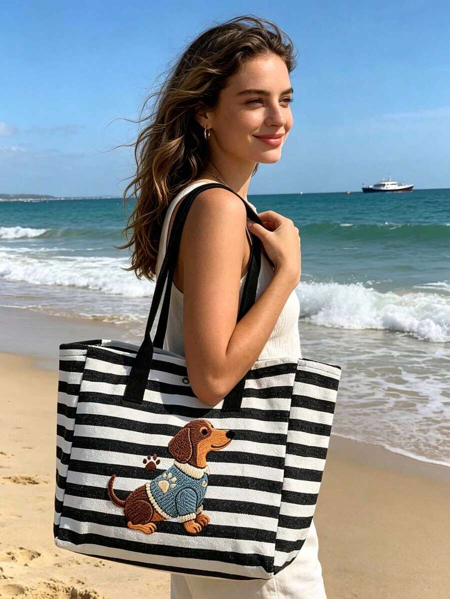 Black And White Striped Dachshund Handbag Set, Large Capacity Black And White Striped Beach Tote Bag, Foldable Canvas Shoulder Bag, Waterproof And Sand-Proof Travel Bag, Suitable For Summer Essentials