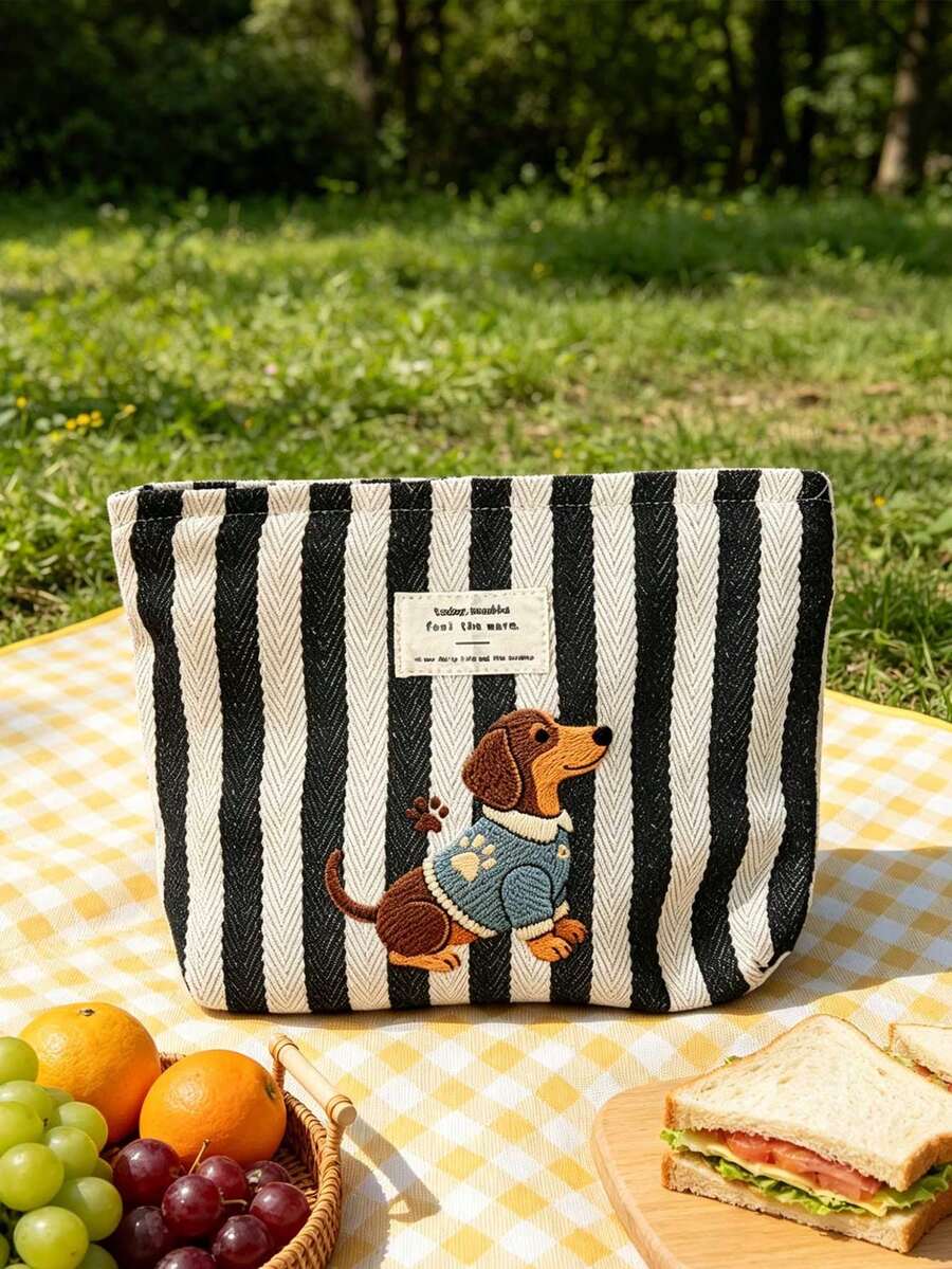 Black And White Striped Dachshund Handbag Set, Large Capacity Black And White Striped Beach Tote Bag, Foldable Canvas Shoulder Bag, Waterproof And Sand-Proof Travel Bag, Suitable For Summer Essentials