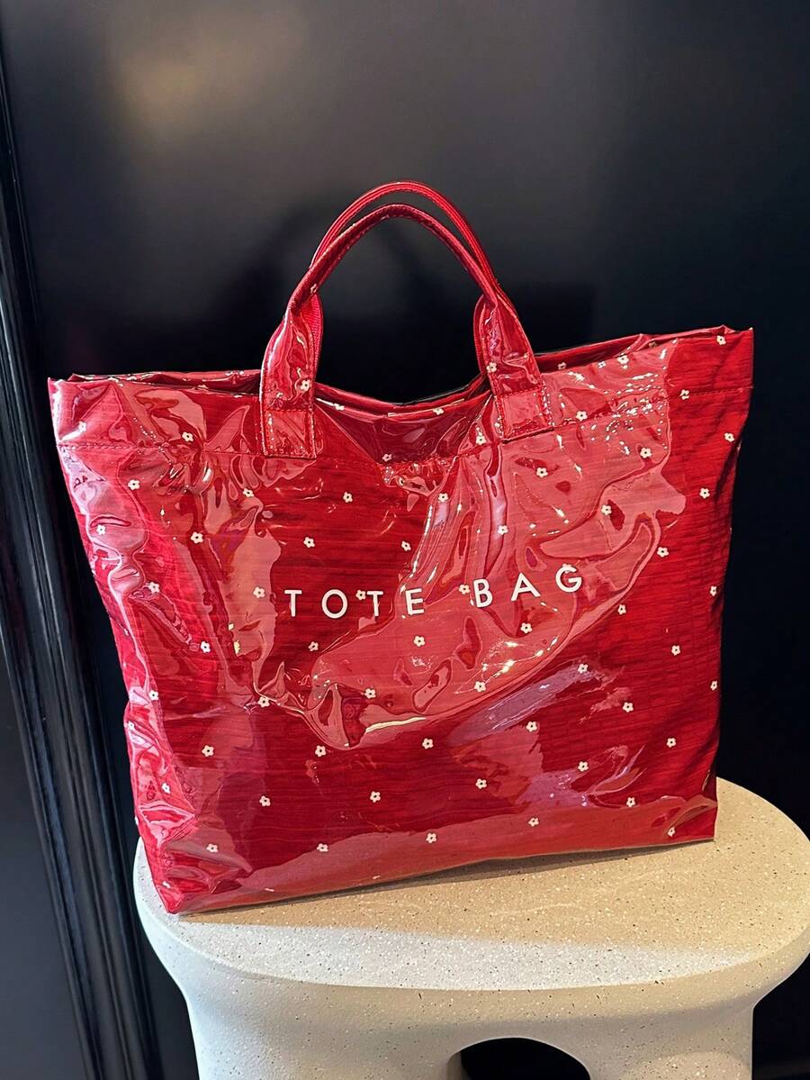 Summer Red New PVC Waterproof Women's Tote Bag, Fashionable Exquisite Floral Pattern Versatile Handbag For Commuting/Vacation