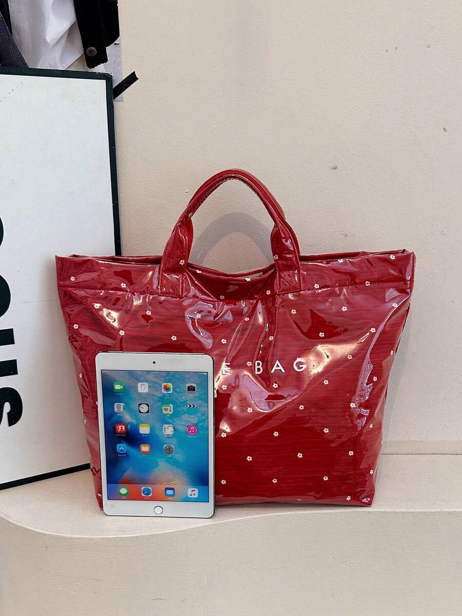Summer Red New PVC Waterproof Women's Tote Bag, Fashionable Exquisite Floral Pattern Versatile Handbag For Commuting/Vacation
