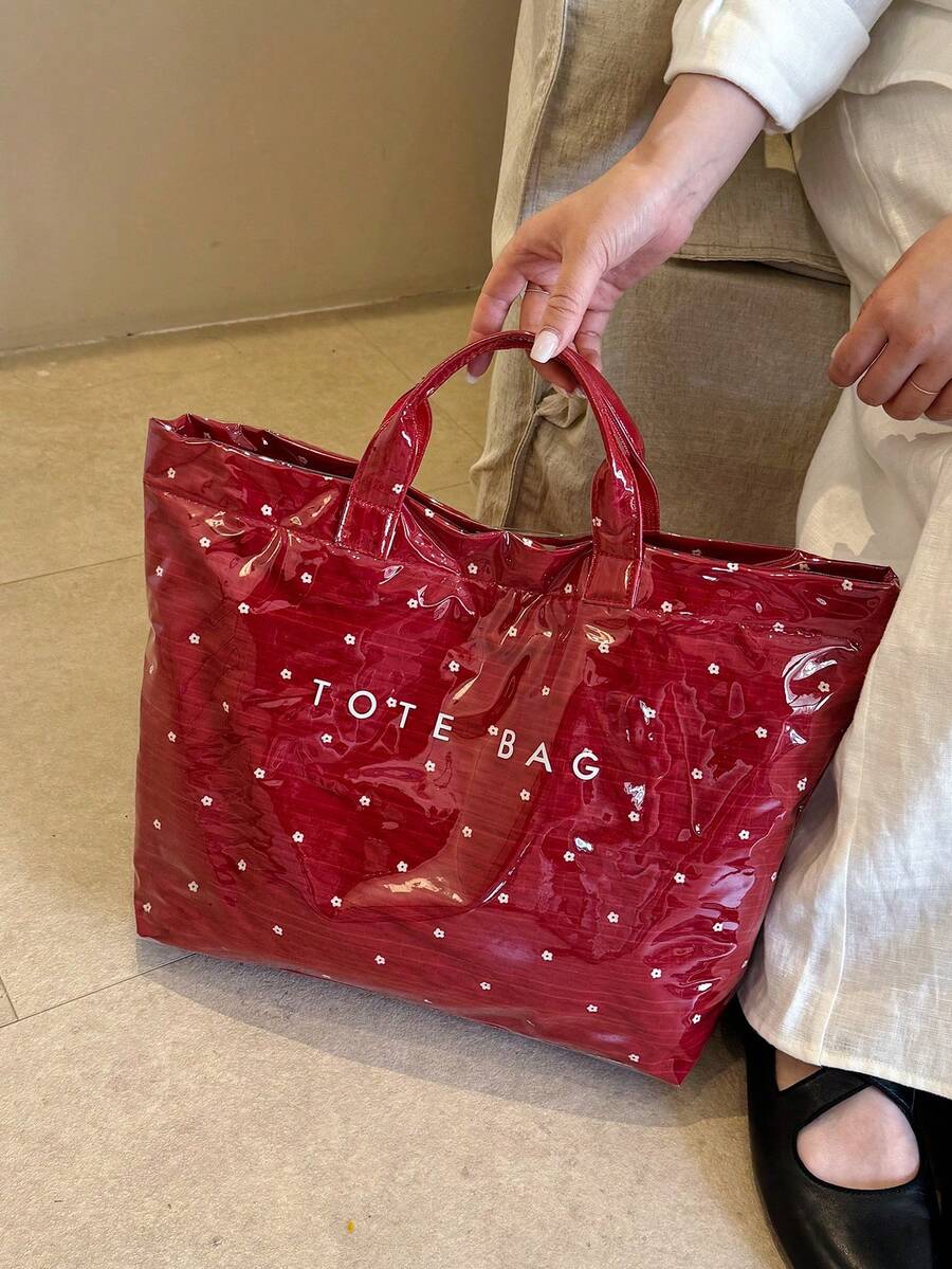 Summer Red New PVC Waterproof Women's Tote Bag, Fashionable Exquisite Floral Pattern Versatile Handbag For Commuting/Vacation