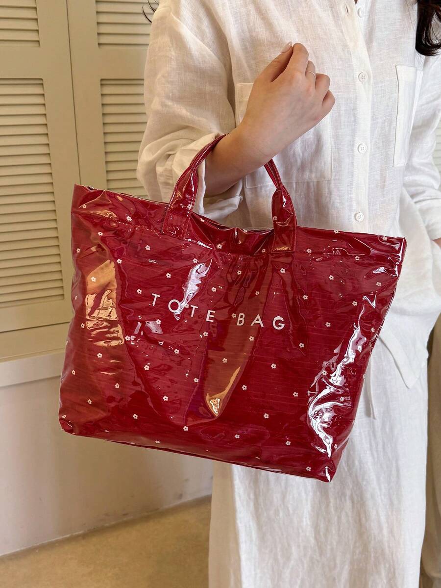 Summer Red New PVC Waterproof Women's Tote Bag, Fashionable Exquisite Floral Pattern Versatile Handbag For Commuting/Vacation