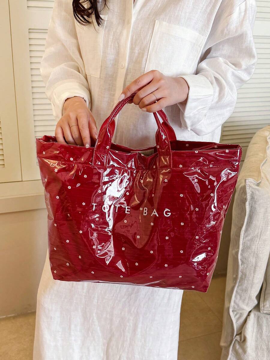 Summer Red New PVC Waterproof Women's Tote Bag, Fashionable Exquisite Floral Pattern Versatile Handbag For Commuting/Vacation