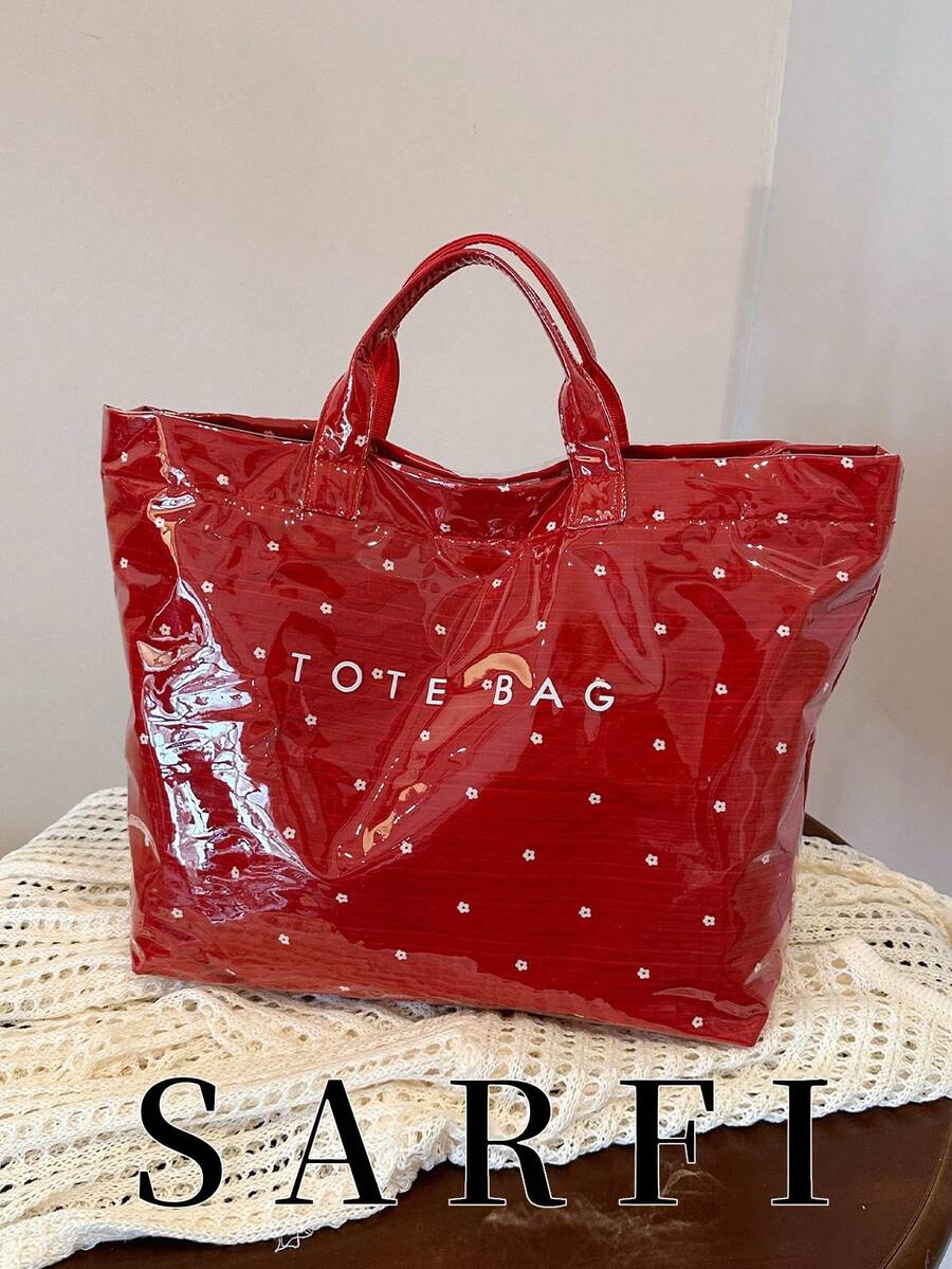 Summer Red New PVC Waterproof Women's Tote Bag, Fashionable Exquisite Floral Pattern Versatile Handbag For Commuting/Vacation