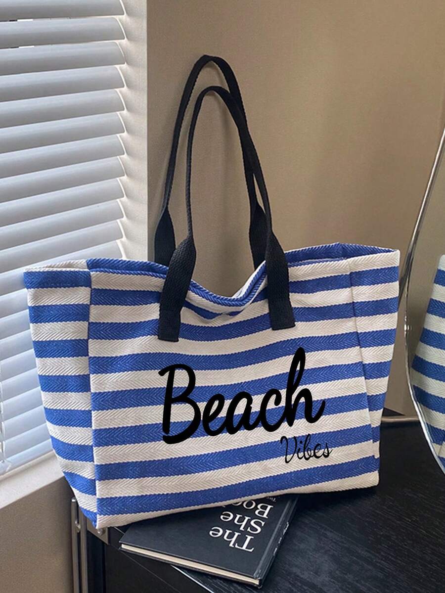 Ins Vacation Style Black & White Striped Beach Bag, Women's Black & White Horizontal Striped Large Tote Bag, Fuchsia BEACH Letter Print Tote Bag + Matching Black Zippered Cosmetic Bag, Extra Large Cap