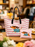 Striped Dachshund Canvas Tote Bag Set, Women's Tote Bag And Cosmetic Bag Set