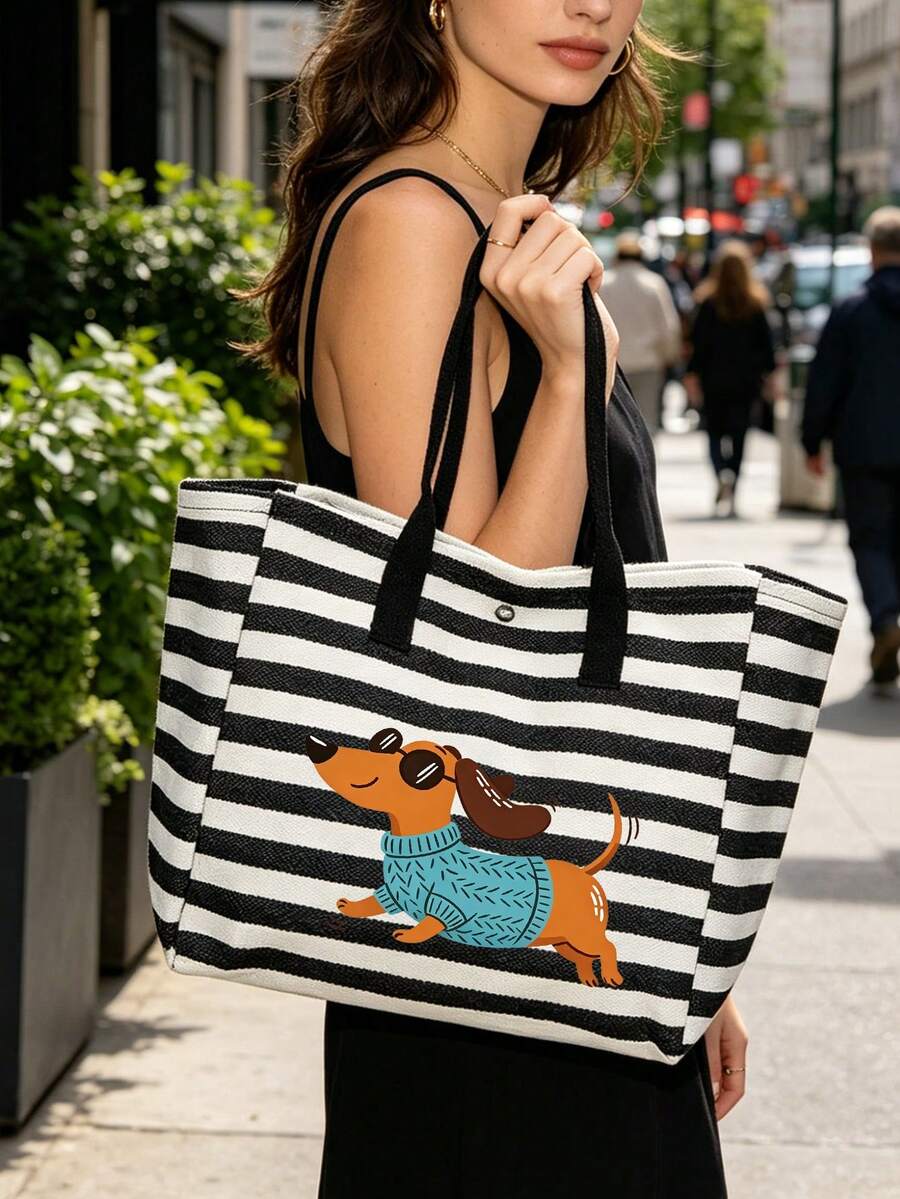 Striped Dachshund Canvas Tote Bag Set, Women's Tote Bag And Cosmetic Bag Set, Printed With Cool Sunglasses Dachshund Print, Vintage Striped Design, American Casual Style, Large Capacity Tote Bag Paire