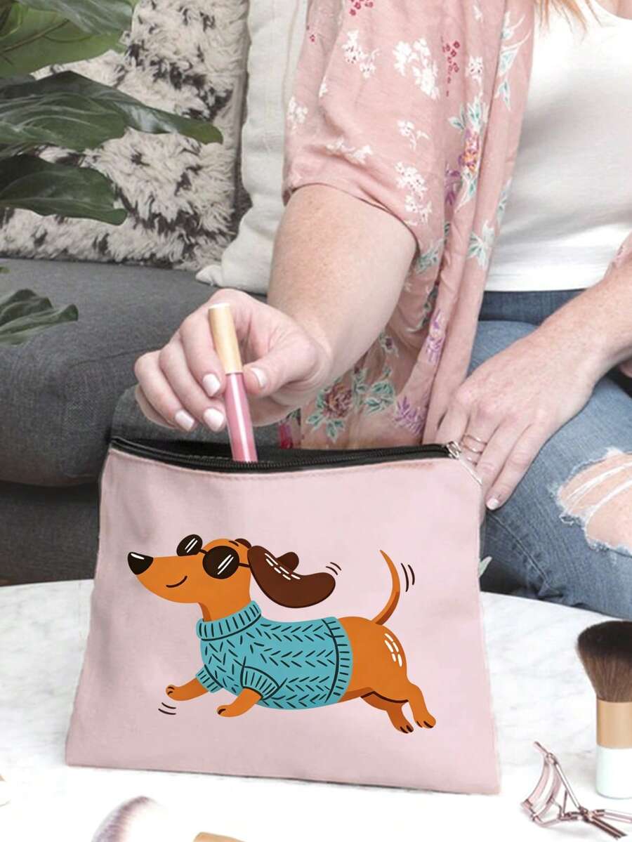 Striped Dachshund Canvas Tote Bag Set, Women's Tote Bag And Cosmetic Bag Set, Printed With Cool Sunglasses Dachshund Print, Vintage Striped Design, American Casual Style, Large Capacity Tote Bag Paire