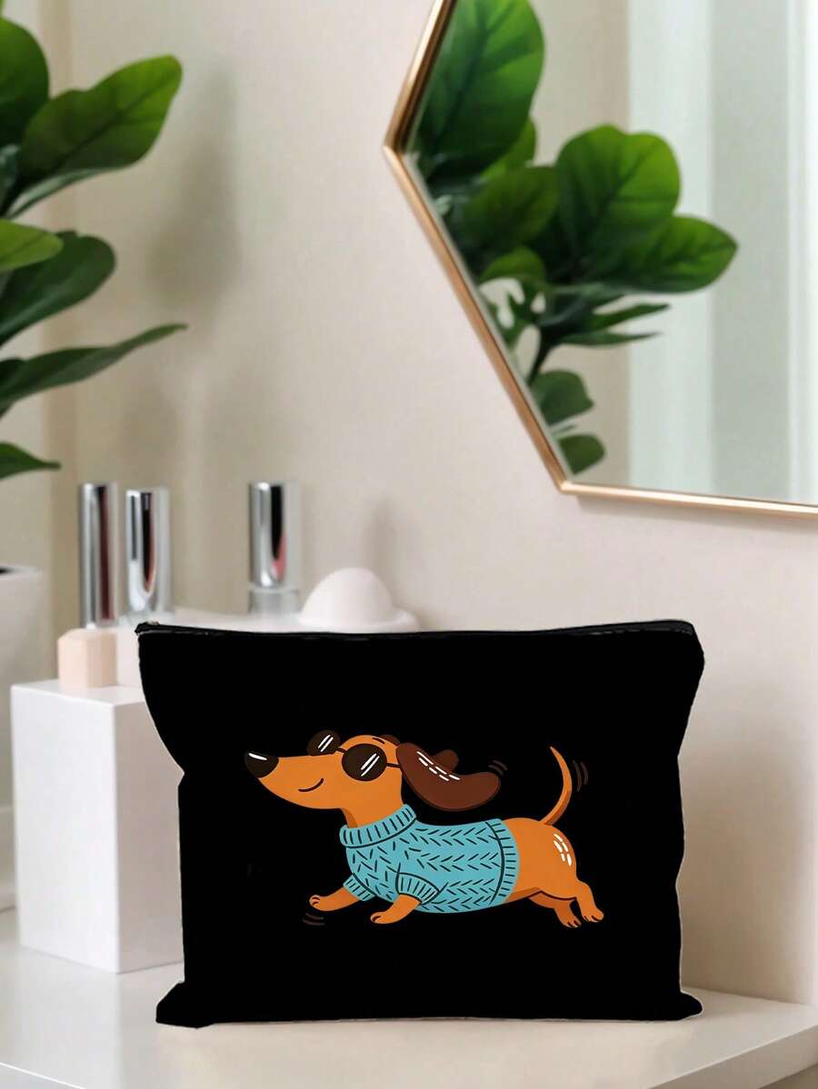 Striped Dachshund Canvas Tote Bag Set, Women's Tote Bag And Cosmetic Bag Set, Printed With Cool Sunglasses Dachshund Print, Vintage Striped Design, American Casual Style, Large Capacity Tote Bag Paire