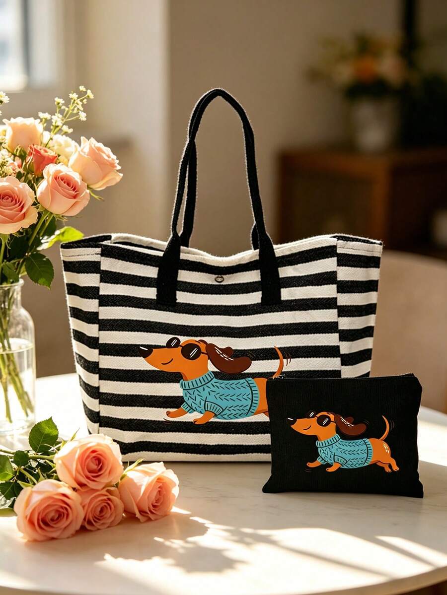 Striped Dachshund Canvas Tote Bag Set, Women's Tote Bag And Cosmetic Bag Set, Printed With Cool Sunglasses Dachshund Print, Vintage Striped Design, American Casual Style, Large Capacity Tote Bag Paire