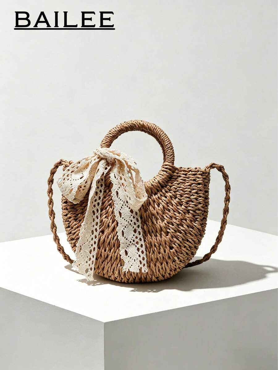 BAILEE Women's Bohemian Solid Color Woven Grass Bag With Ribbon-Tied Circular Handle