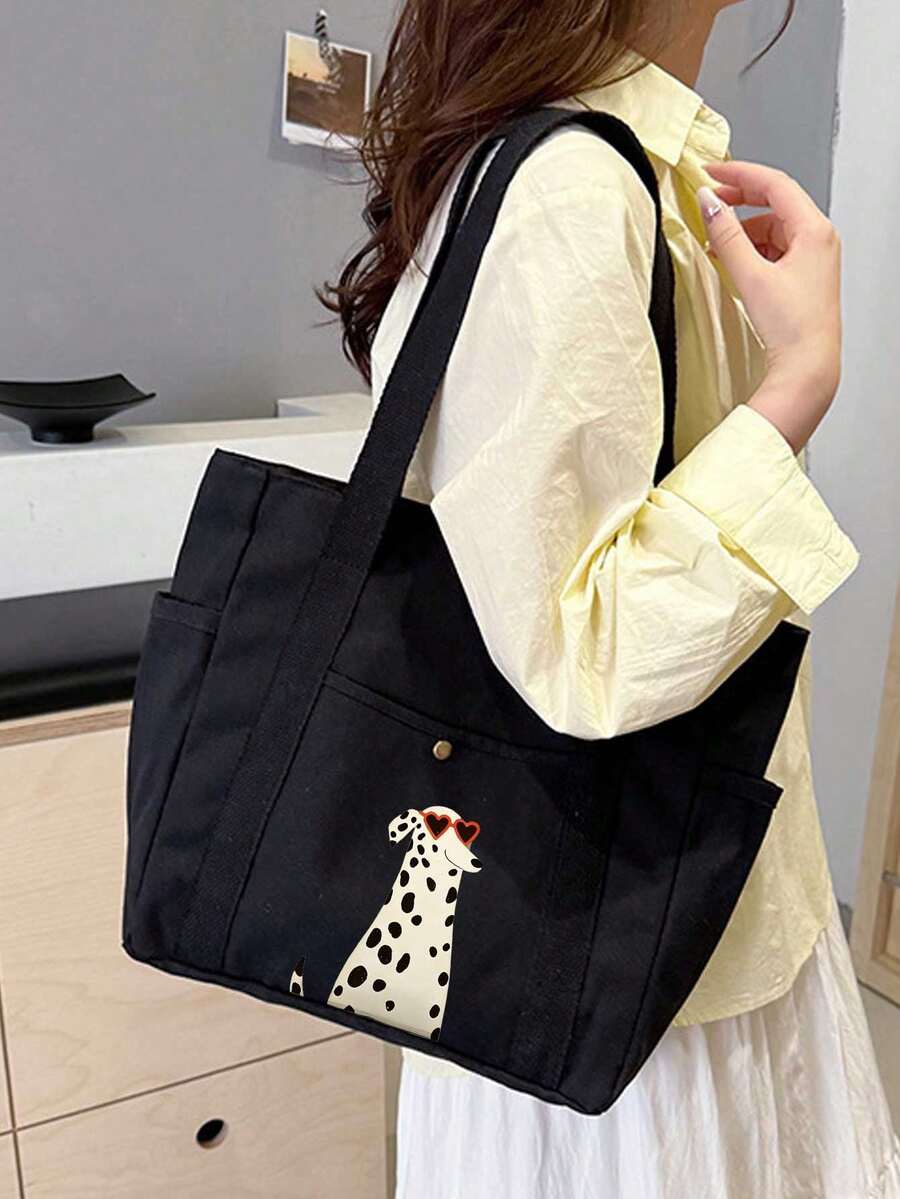 Dalmatian Dog Print Canvas Tote Bag And Cosmetic Bag Set, Cute Dog Heart Sunglasses Pattern Shoulder Bag, Tote Bag, Matching Zipper Cosmetic Bag, Multi-Pocket Large Capacity Casual Tote Bag, Suitable