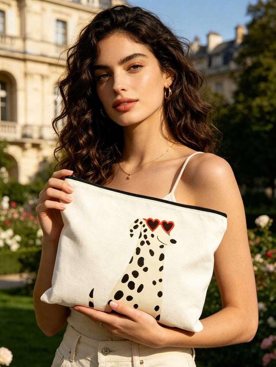 Dalmatian Dog Print Canvas Tote Bag And Cosmetic Bag Set, Cute Dog Heart Sunglasses Pattern Shoulder Bag, Tote Bag, Matching Zipper Cosmetic Bag, Multi-Pocket Large Capacity Casual Tote Bag, Suitable
