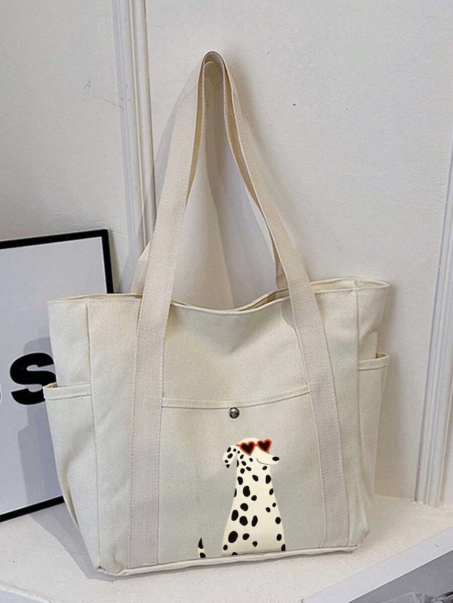 Dalmatian Dog Print Canvas Tote Bag And Cosmetic Bag Set, Cute Dog Heart Sunglasses Pattern Shoulder Bag, Tote Bag, Matching Zipper Cosmetic Bag, Multi-Pocket Large Capacity Casual Tote Bag, Suitable