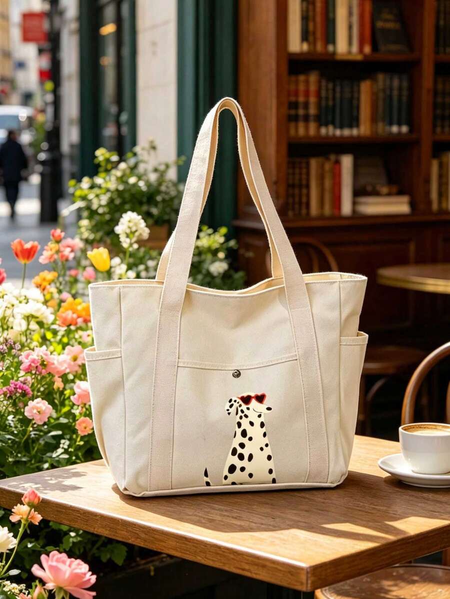 Dalmatian Dog Print Canvas Tote Bag And Cosmetic Bag Set, Cute Dog Heart Sunglasses Pattern Shoulder Bag, Tote Bag, Matching Zipper Cosmetic Bag, Multi-Pocket Large Capacity Casual Tote Bag, Suitable