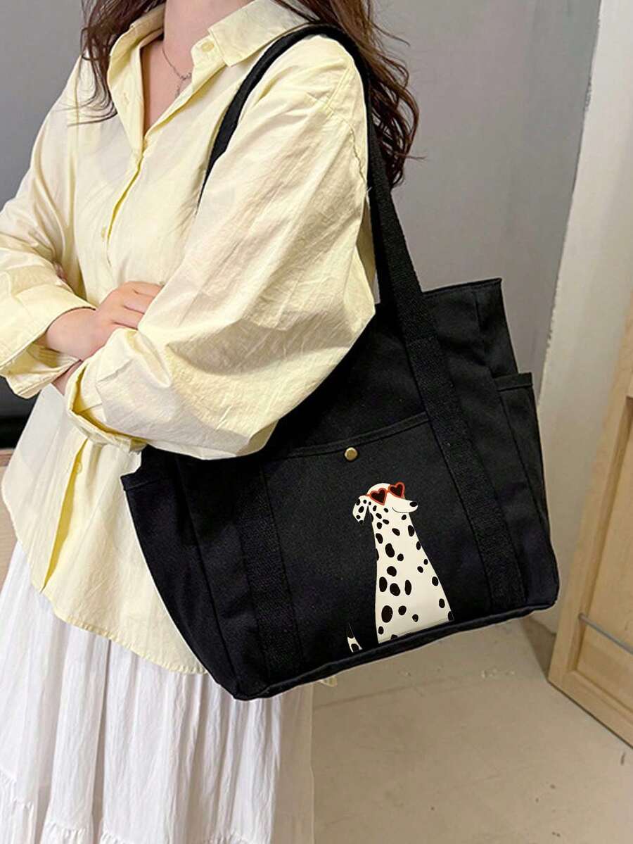 Dalmatian Dog Print Canvas Tote Bag And Cosmetic Bag Set, Cute Dog Heart Sunglasses Pattern Shoulder Bag, Tote Bag, Matching Zipper Cosmetic Bag, Multi-Pocket Large Capacity Casual Tote Bag, Suitable