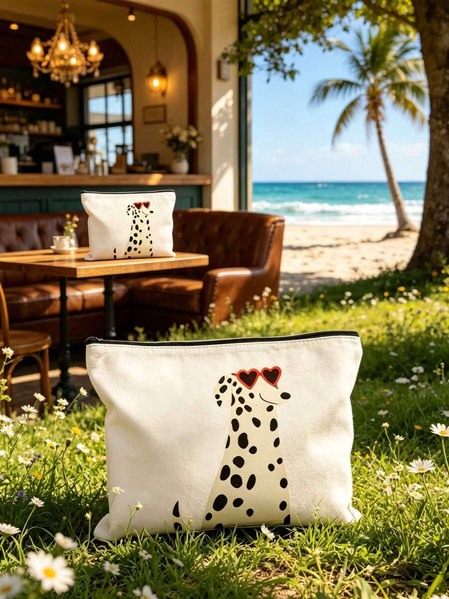 Dalmatian Dog Print Canvas Tote Bag And Cosmetic Bag Set, Cute Dog Heart Sunglasses Pattern Shoulder Bag, Tote Bag, Matching Zipper Cosmetic Bag, Multi-Pocket Large Capacity Casual Tote Bag, Suitable