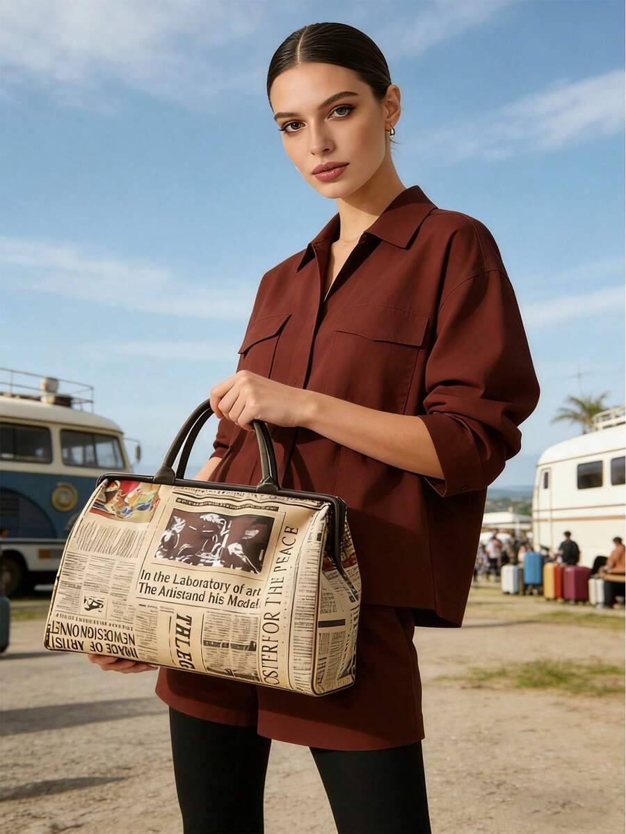 Retro Newspaper Print Tote Bag For Women Print Canvas Handbag Large Capacity Trave Bag Lightweight Sports Gym Bag Carry-On Bag Back To School Gifts