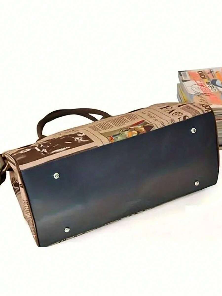 Retro Newspaper Print Tote Bag For Women Print Canvas Handbag Large Capacity Trave Bag Lightweight Sports Gym Bag Carry-On Bag Back To School Gifts
