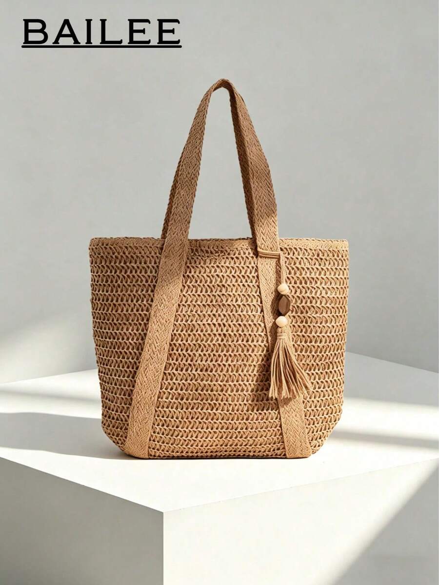 BAILEE A Fashionable Casual Handmade Woven Solid Color Tote Bag With Wooden Beads And Tassel Decoration, Perfect As A Gift