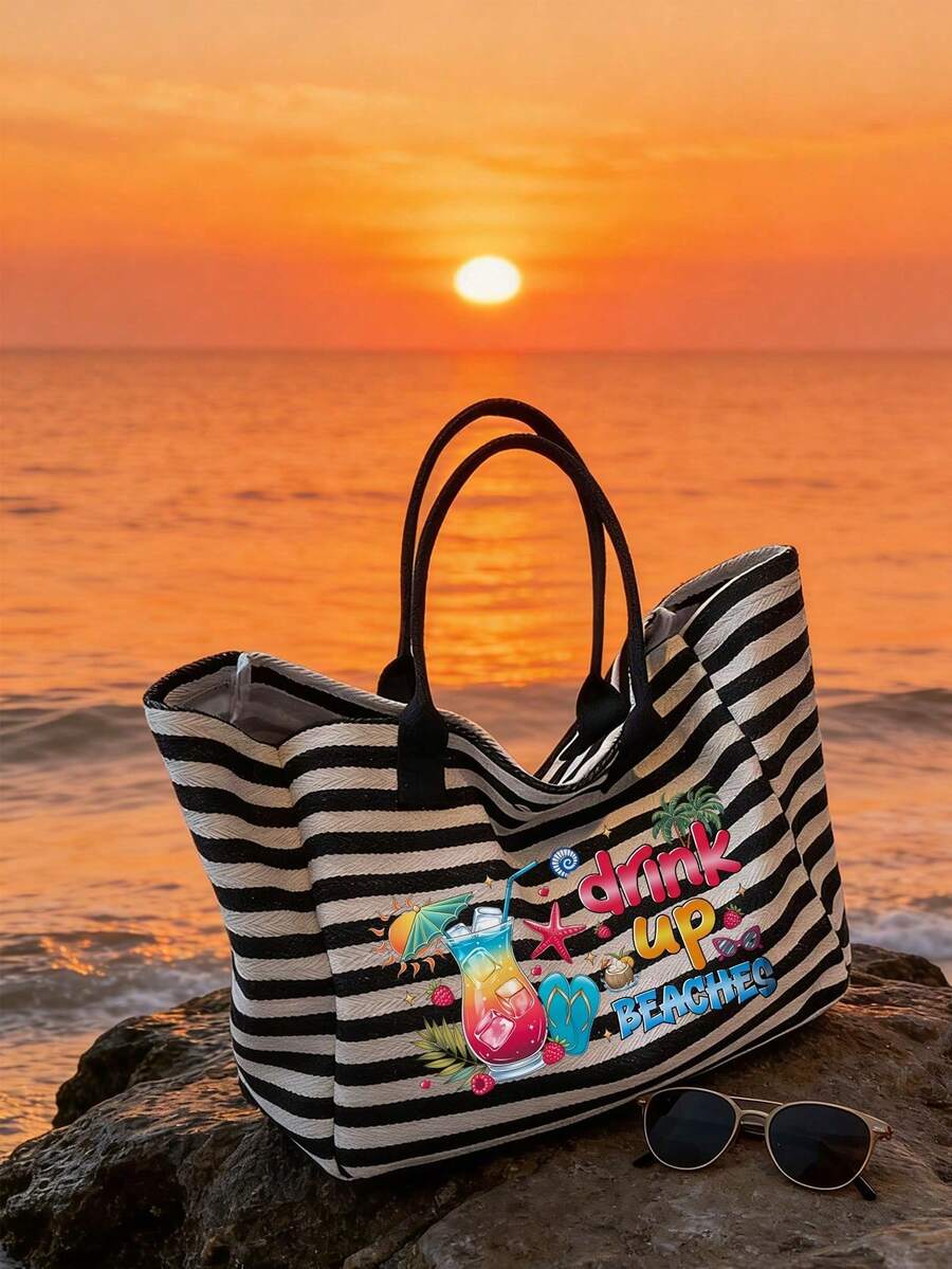Vintage Hawaiian Tropical Print Striped Beach Tote Bag Set, Toiletry Bag, Large Capacity Summer Vacation Tote Bag With Matching Small Pouch, Suitable For Tropical Cruise Theme Shoulder Bag, Ideal For