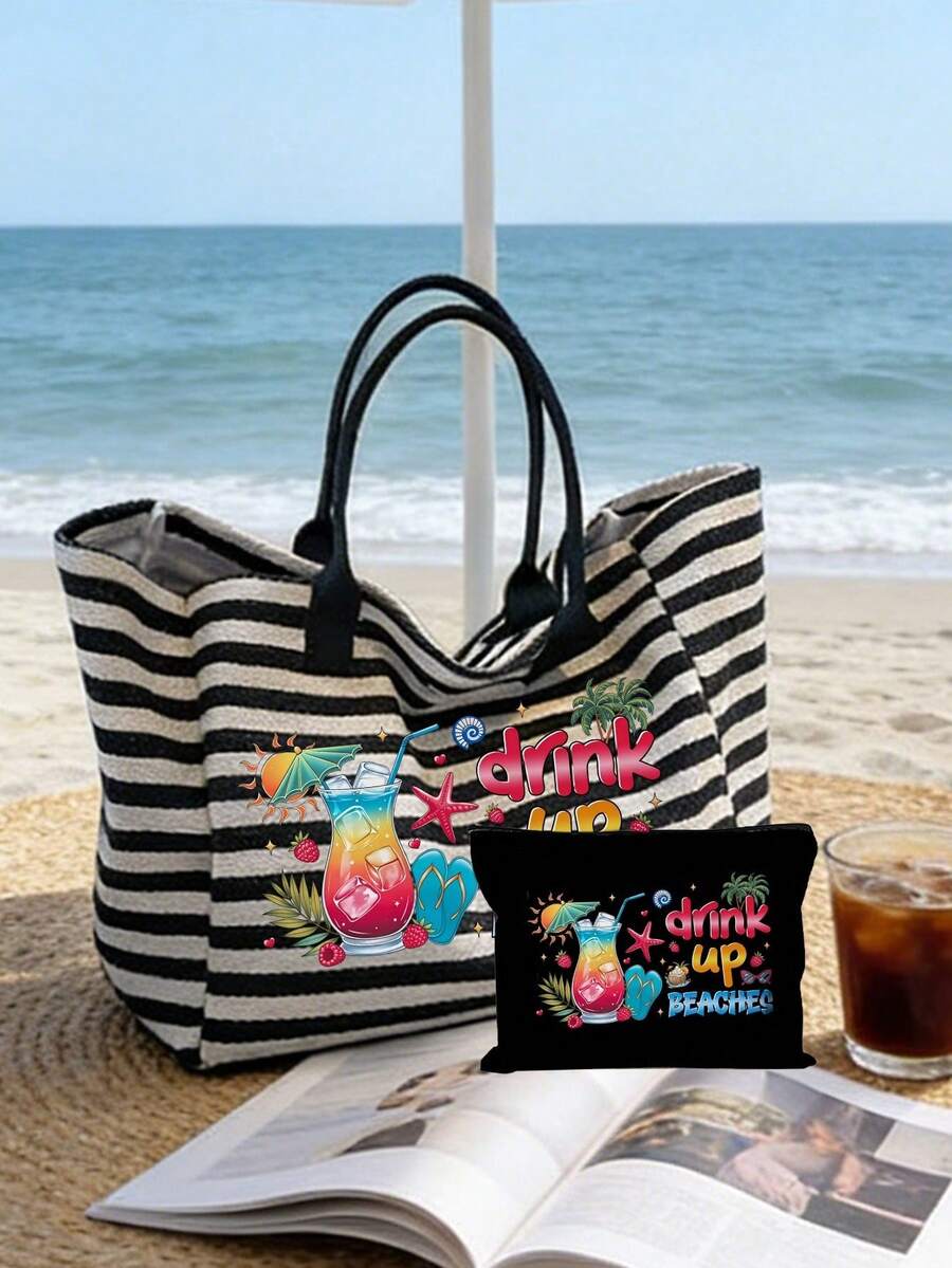 Vintage Hawaiian Tropical Print Striped Beach Tote Bag Set, Toiletry Bag, Large Capacity Summer Vacation Tote Bag With Matching Small Pouch, Suitable For Tropical Cruise Theme Shoulder Bag, Ideal For