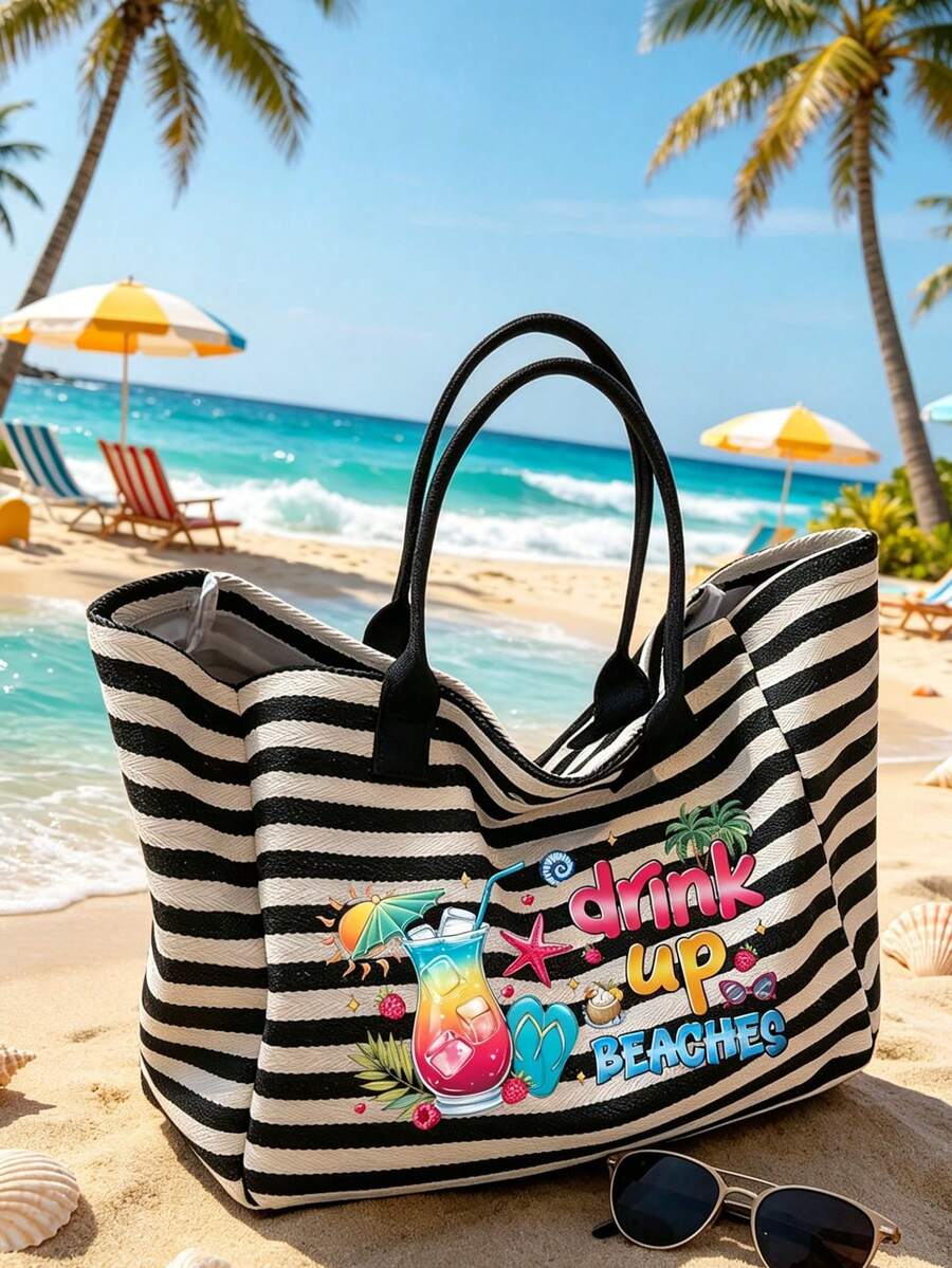 Vintage Hawaiian Tropical Print Striped Beach Tote Bag Set, Toiletry Bag, Large Capacity Summer Vacation Tote Bag With Matching Small Pouch, Suitable For Tropical Cruise Theme Shoulder Bag, Ideal For