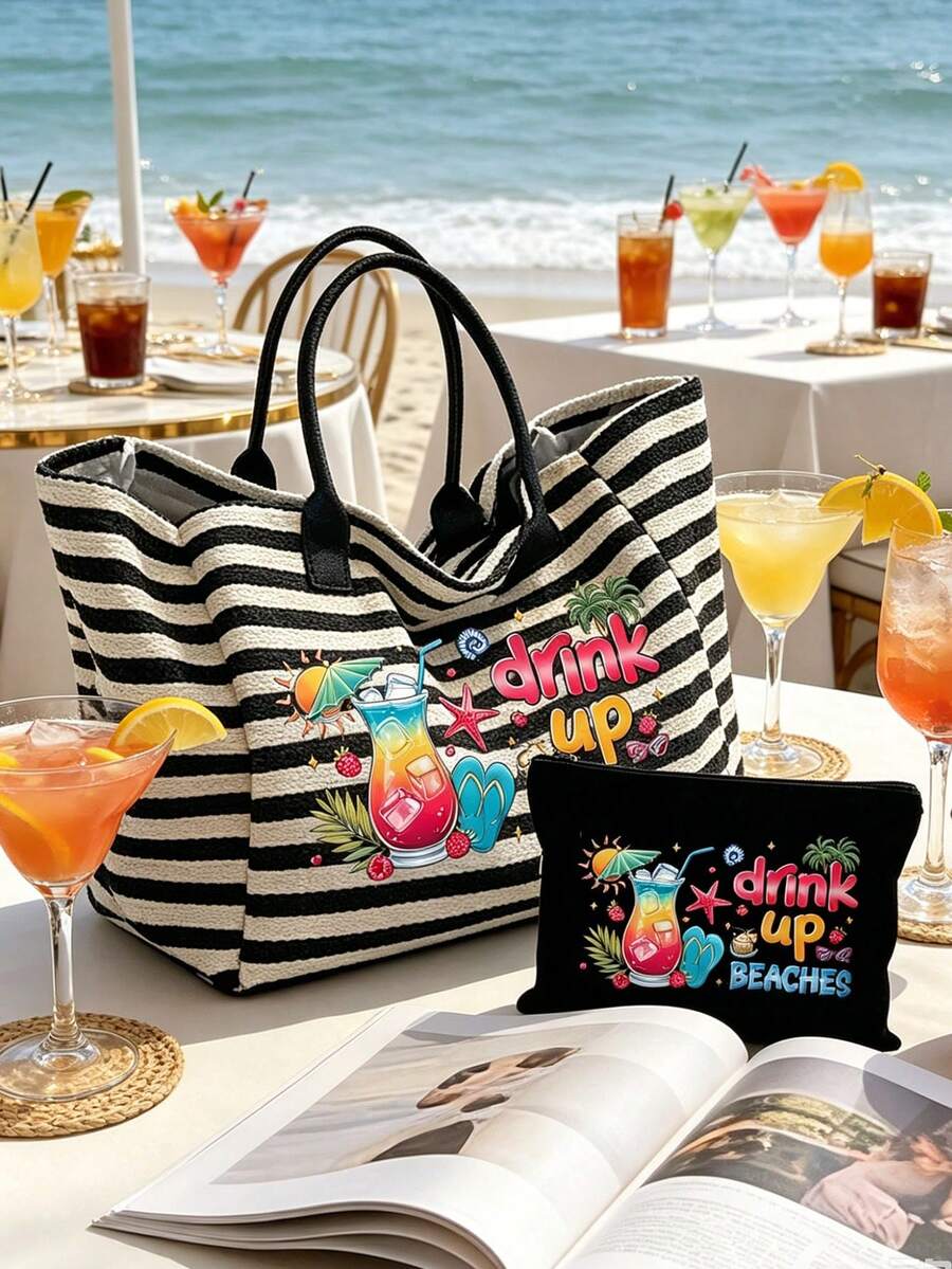 Vintage Hawaiian Tropical Print Striped Beach Tote Bag Set, Toiletry Bag, Large Capacity Summer Vacation Tote Bag With Matching Small Pouch, Suitable For Tropical Cruise Theme Shoulder Bag, Ideal For