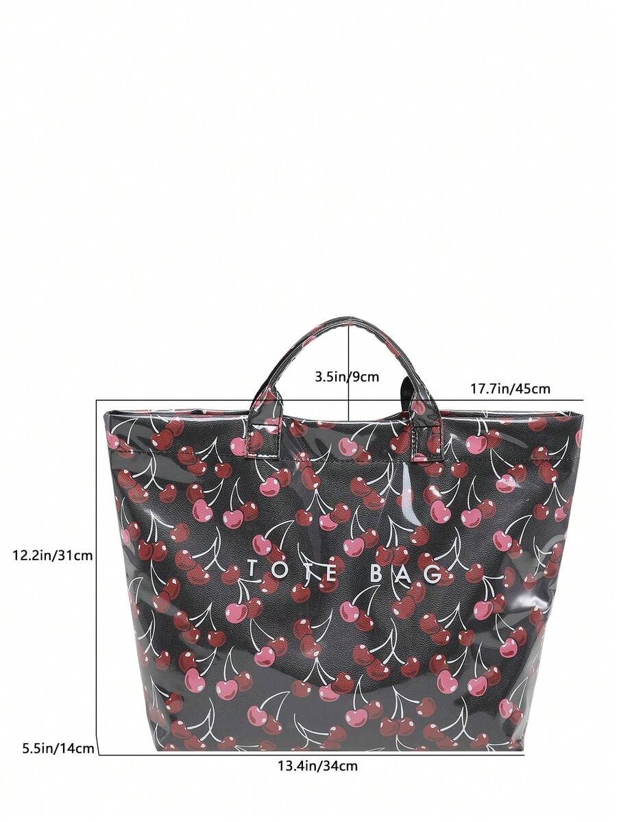 Dedoo Cherry Print Waterproof PVC Material Women's Tote Handbag Shoulder Bag, Large Capacity, Top Handle, Casual Commuter Style, Suitable For Shopping And Travel