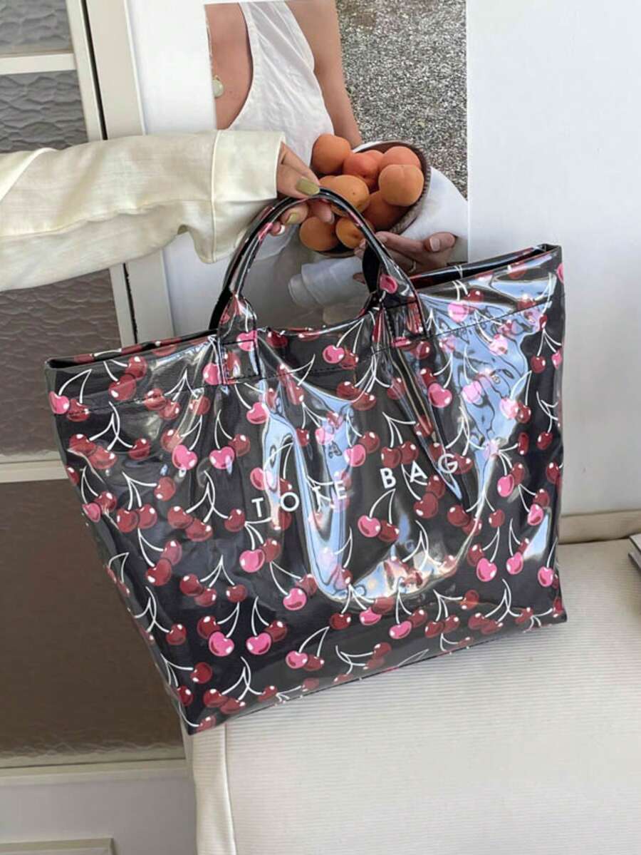 Dedoo Cherry Print Waterproof PVC Material Women's Tote Handbag Shoulder Bag, Large Capacity, Top Handle, Casual Commuter Style, Suitable For Shopping And Travel