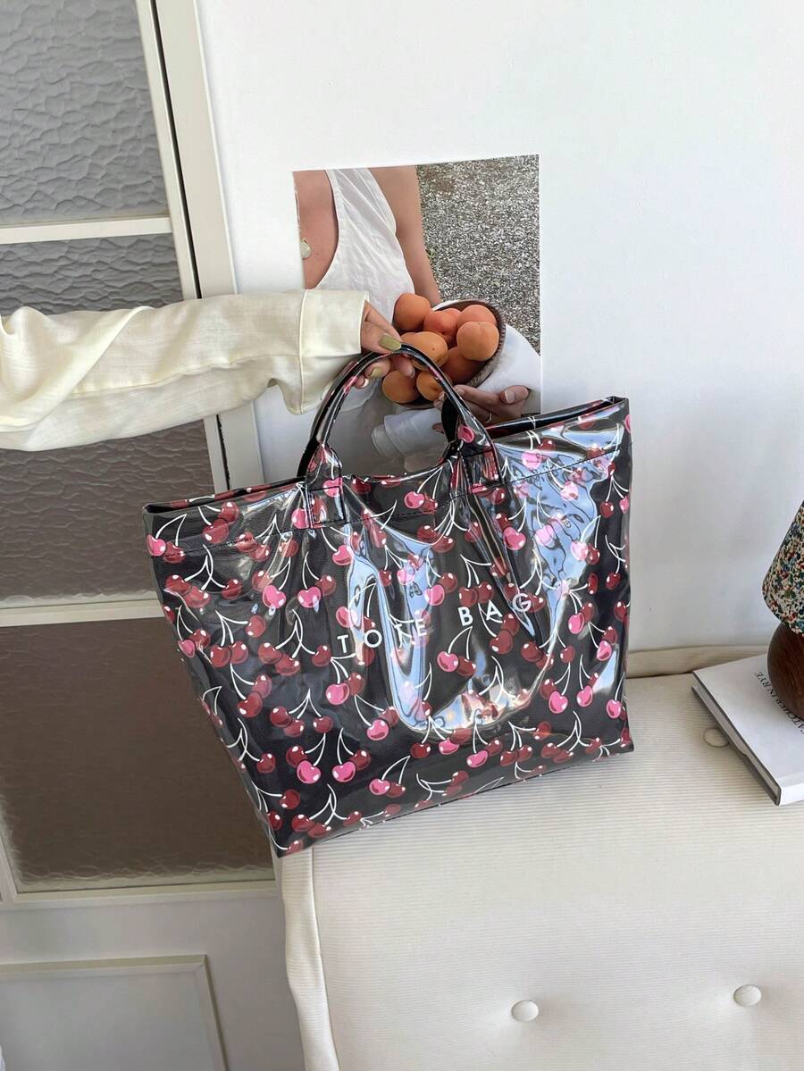 Dedoo Cherry Print Waterproof PVC Material Women's Tote Handbag Shoulder Bag, Large Capacity, Top Handle, Casual Commuter Style, Suitable For Shopping And Travel