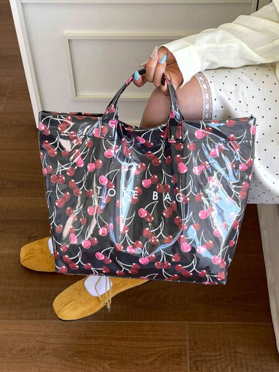 Dedoo Cherry Print Waterproof PVC Material Women's Tote Handbag Shoulder Bag, Large Capacity, Top Handle, Casual Commuter Style, Suitable For Shopping And Travel