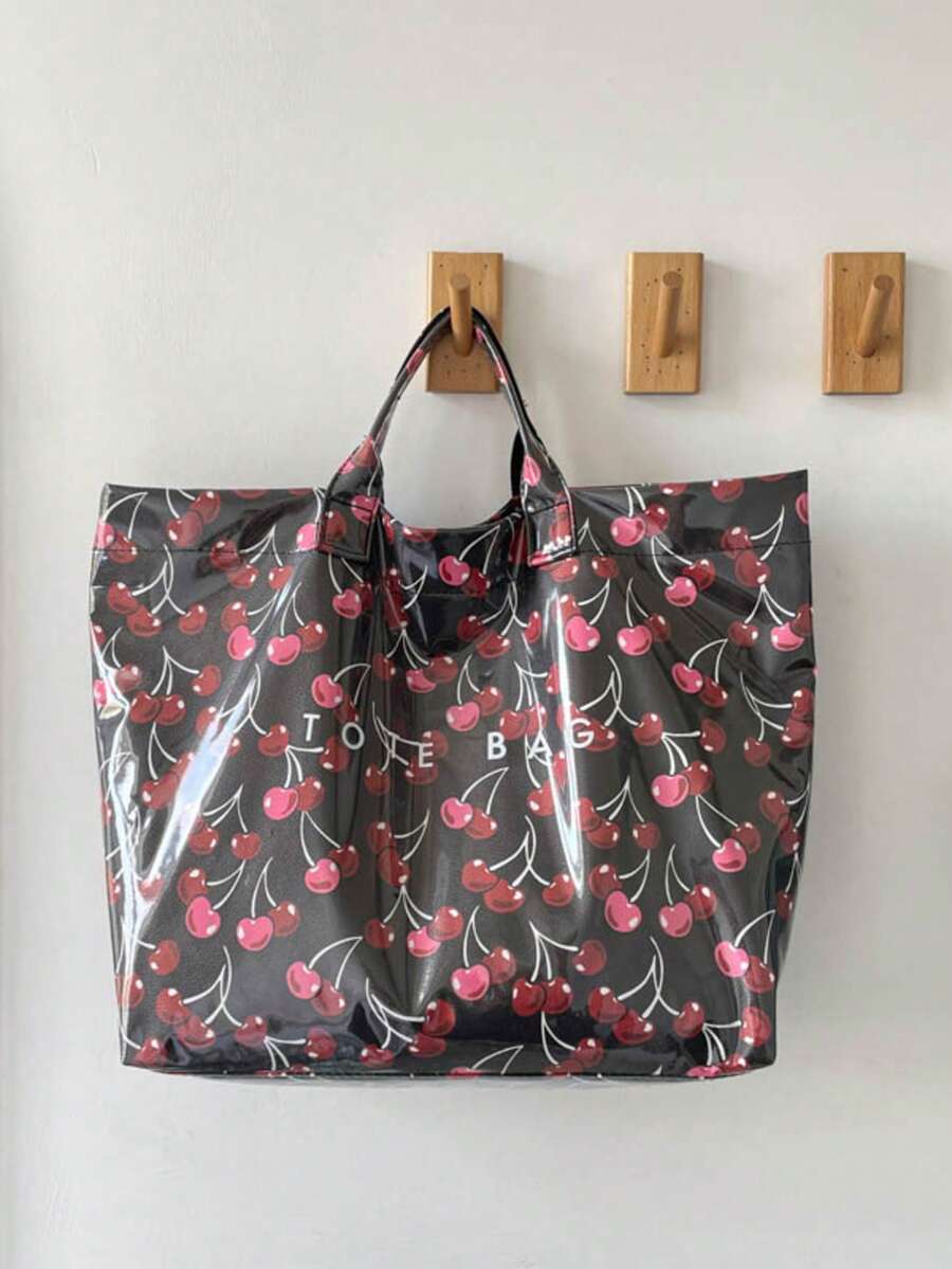 Dedoo Cherry Print Waterproof PVC Material Women's Tote Handbag Shoulder Bag, Large Capacity, Top Handle, Casual Commuter Style, Suitable For Shopping And Travel